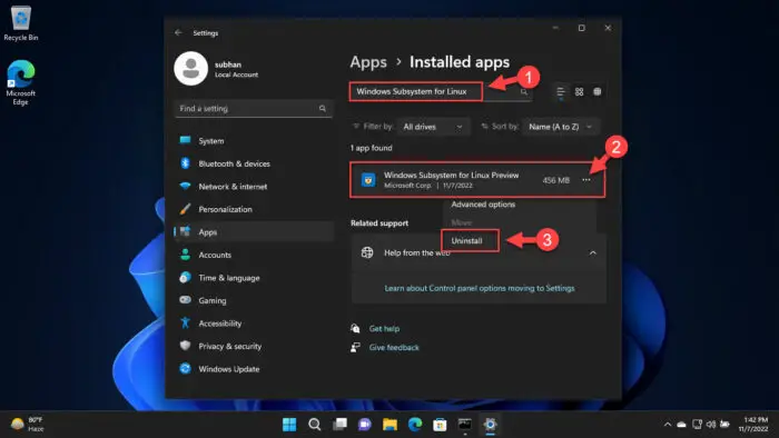 Uninstall WSL2 from Settings app