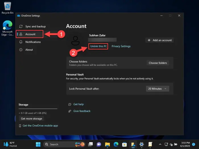 Unlink computer from OneDrive