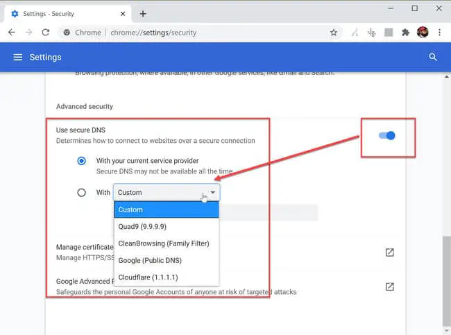 Use secure DNS Chrome