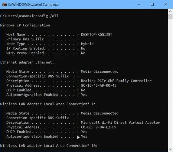 Using ipconfig to get mac address