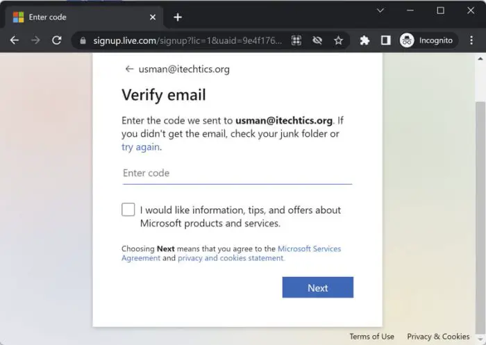Verify email Microsoft ID creation
