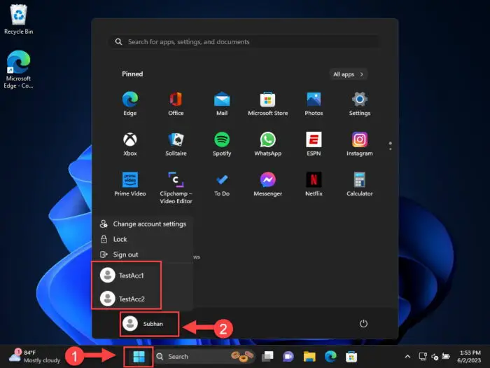 View active user accounts from Start menu