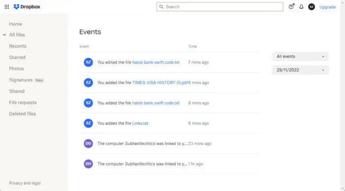 View all Dropbox event logs