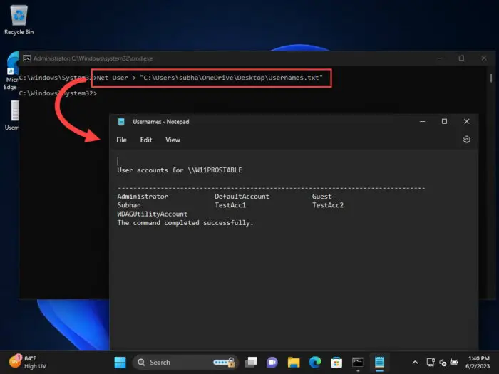 View and save all user accounts to text file using Command Prompt