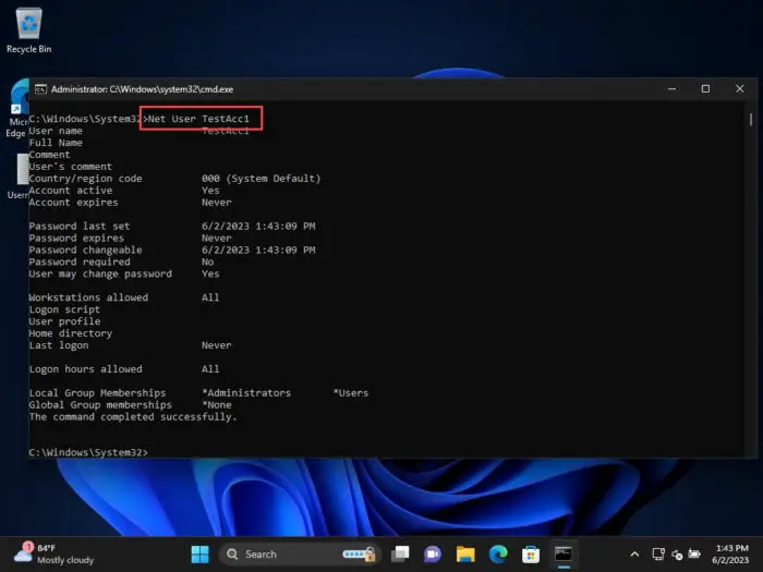 View details of specific user account using Command Prompt