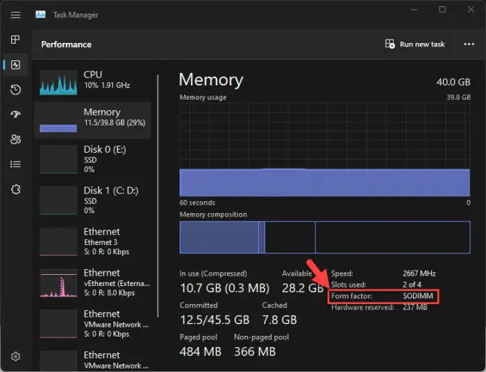 View memory modules form factor in Task Manager