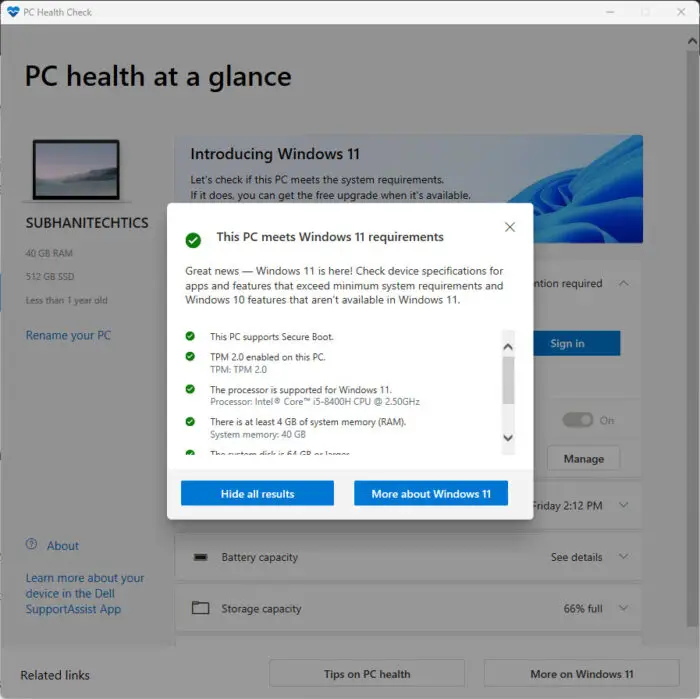 View Windows 11 requirements results using PC Health Check app