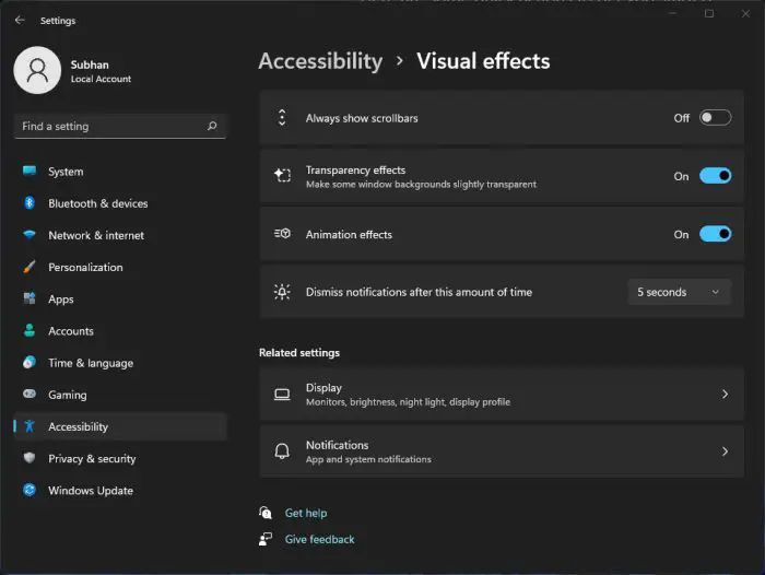 Visual effects accessibility setting