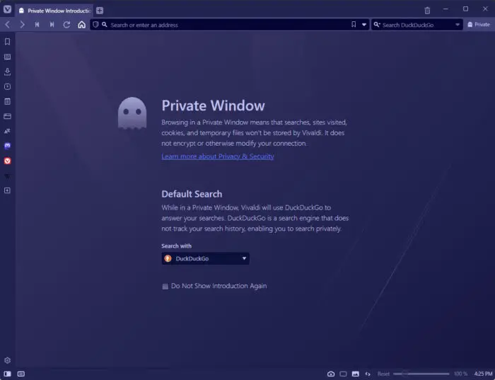 Vivaldis private browsing window