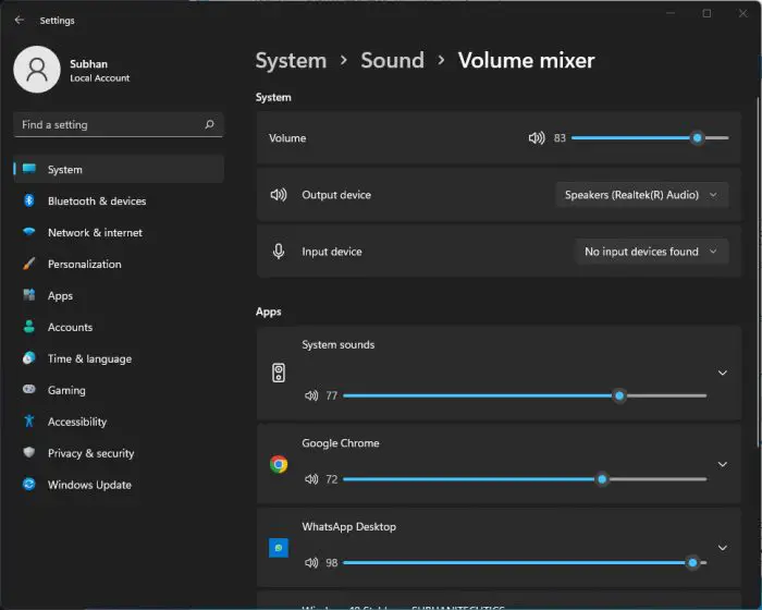 Volume Mixer in Settings app Windows 11