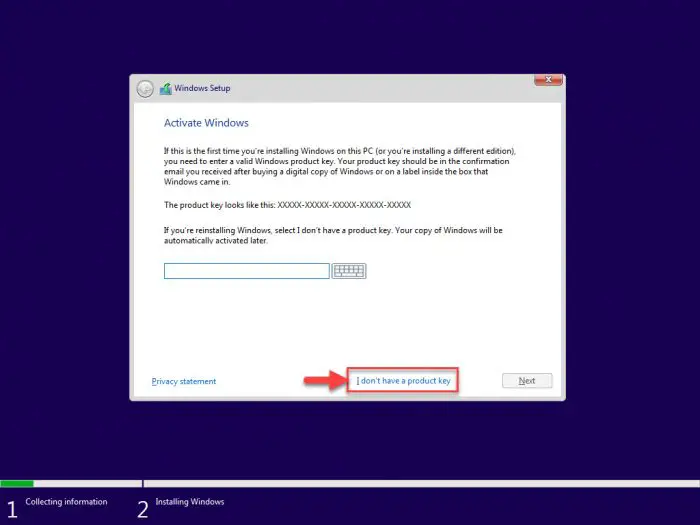 W10 install no key