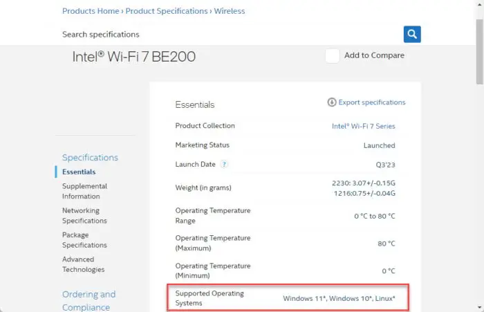 Intel Wi-Fi 7 BE200 shows support for Windows 10 OS
