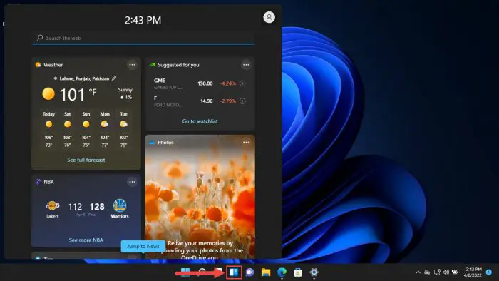 Widgets button on the taskbar