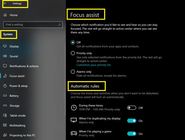 Windows 10 Focus Assist settings