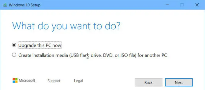 Windows 10 Media Creation Tool options