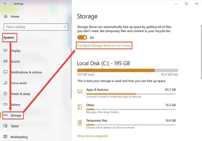 Windows Settings Storage