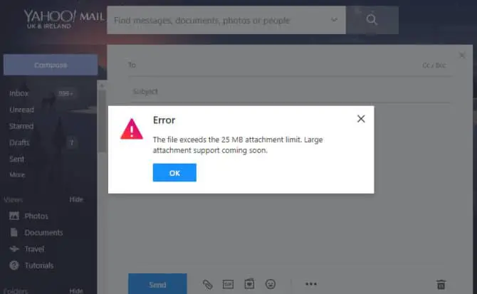 Yahoo Mail attachment file size limit