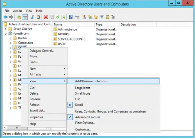 Setting details for viewing user properties in Active Directory users and computers