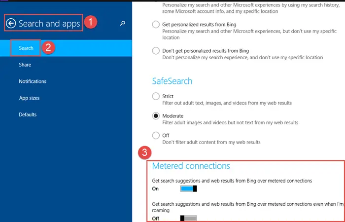 Metered Connection - Change Bing Search settings