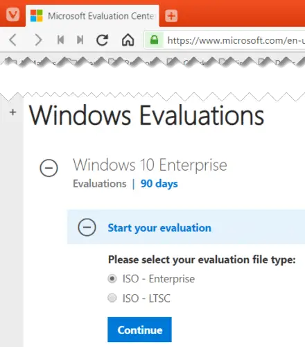 Select Windows 10 Enterprise evaluation ISO file type
