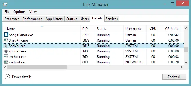 Task manager showing sndvol running on system account