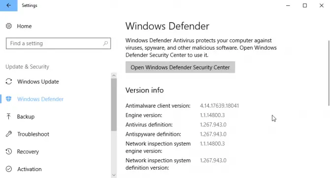 Windows Defender Settings